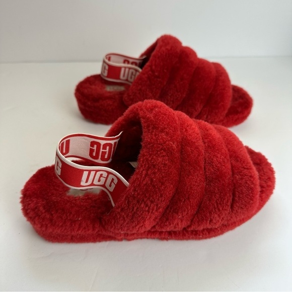 Ugg Fluff Yeah Slides Women’s 7 EU 38 Slippers Shoes Red Logo Platform Fuzzy - Picture 2 of 10